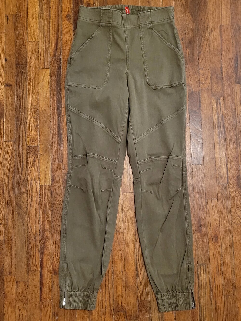 SPANX Army Green Pull On Stretch Twill High Rise Jogger Pants Ankle Zip Small